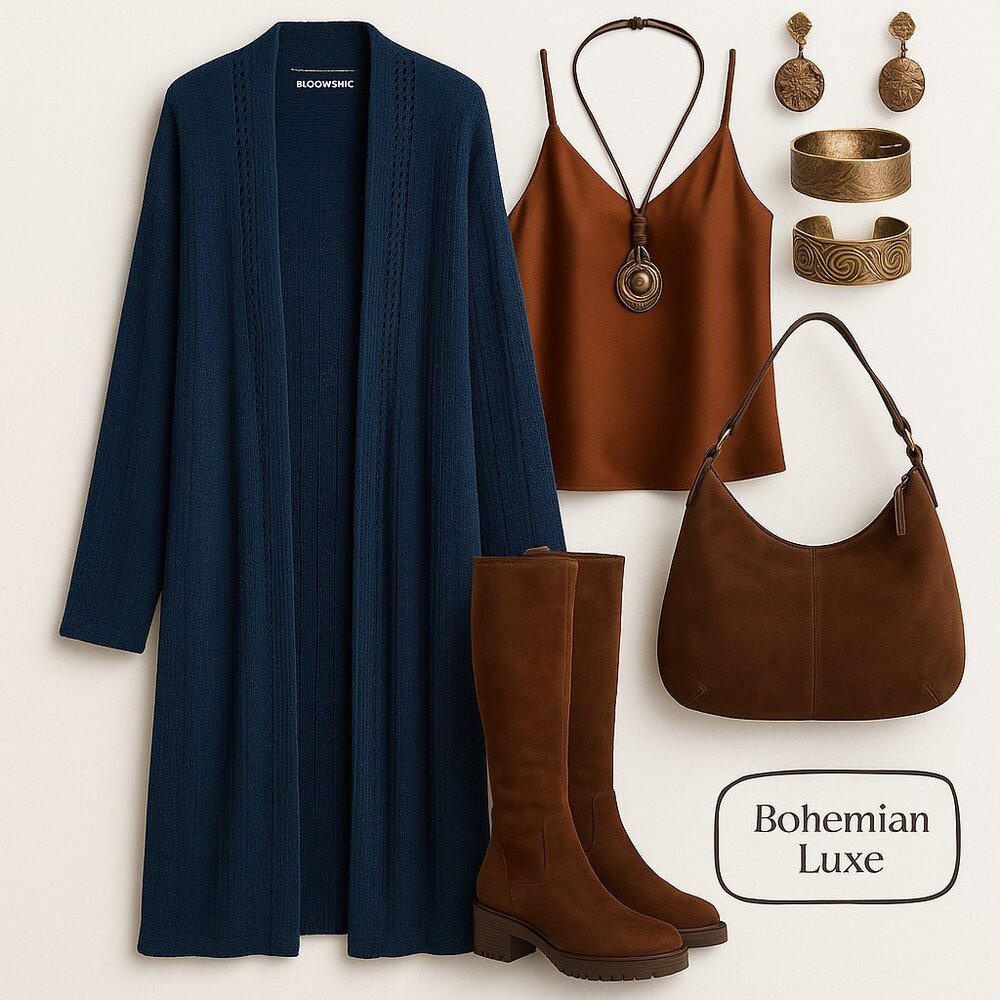 BloomChic 5X Indigo Kimono Collar Cardigan – Fall Layering Essential